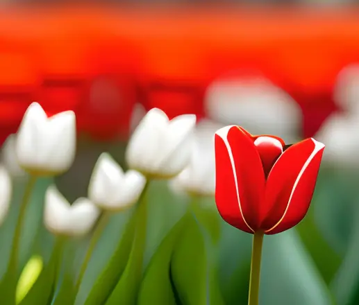 One red tulip stands in the foreground of white tulips blurred in the background as though it is observing them.