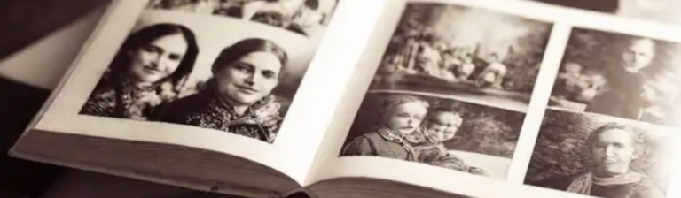A sepia toned image of an open photograph album with family photos.